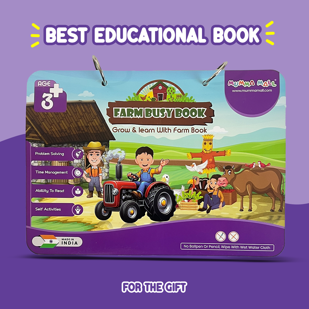Farm Busy Book (3+ Age) – Velcro binder with farm animals, shapes, colors, counting & more to boost cognitive skills & motor development in kids