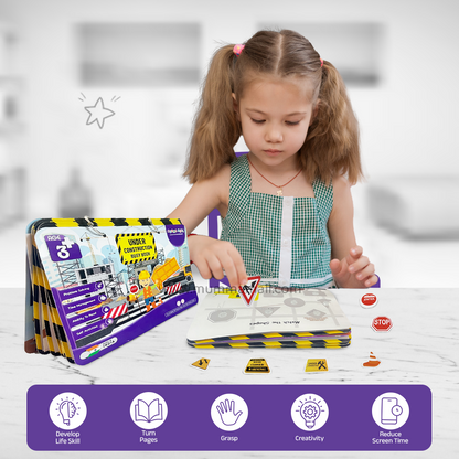 Under Construction Busy Book – Velcro Binder for Kids (3+) with construction vehicles, shapes, numbers, and problem-solving to boost motor skills & cognitive development