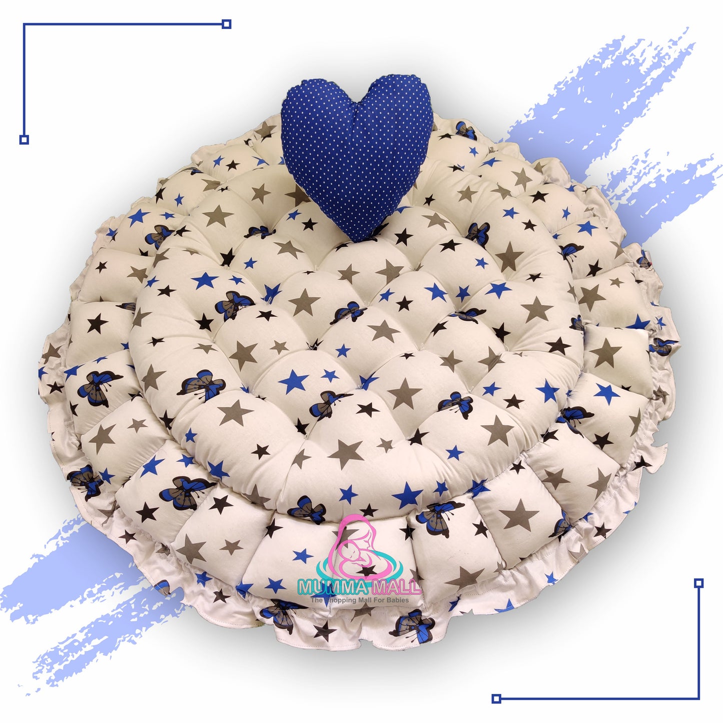 Round baby tub bed with a heart pillow (Blue and White)