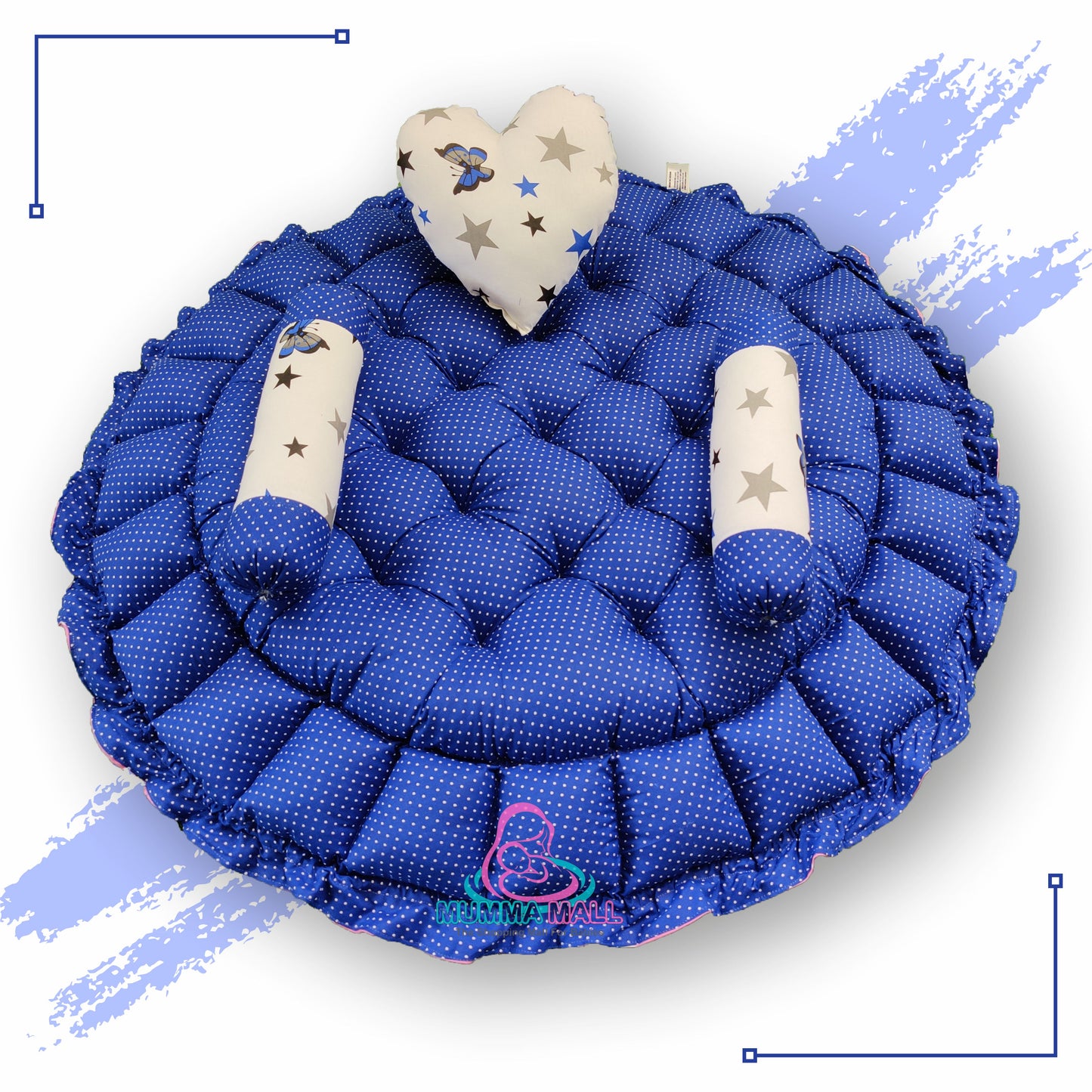 Round baby tub bed with a heart pillow and pair of Bolster (Blue and White)