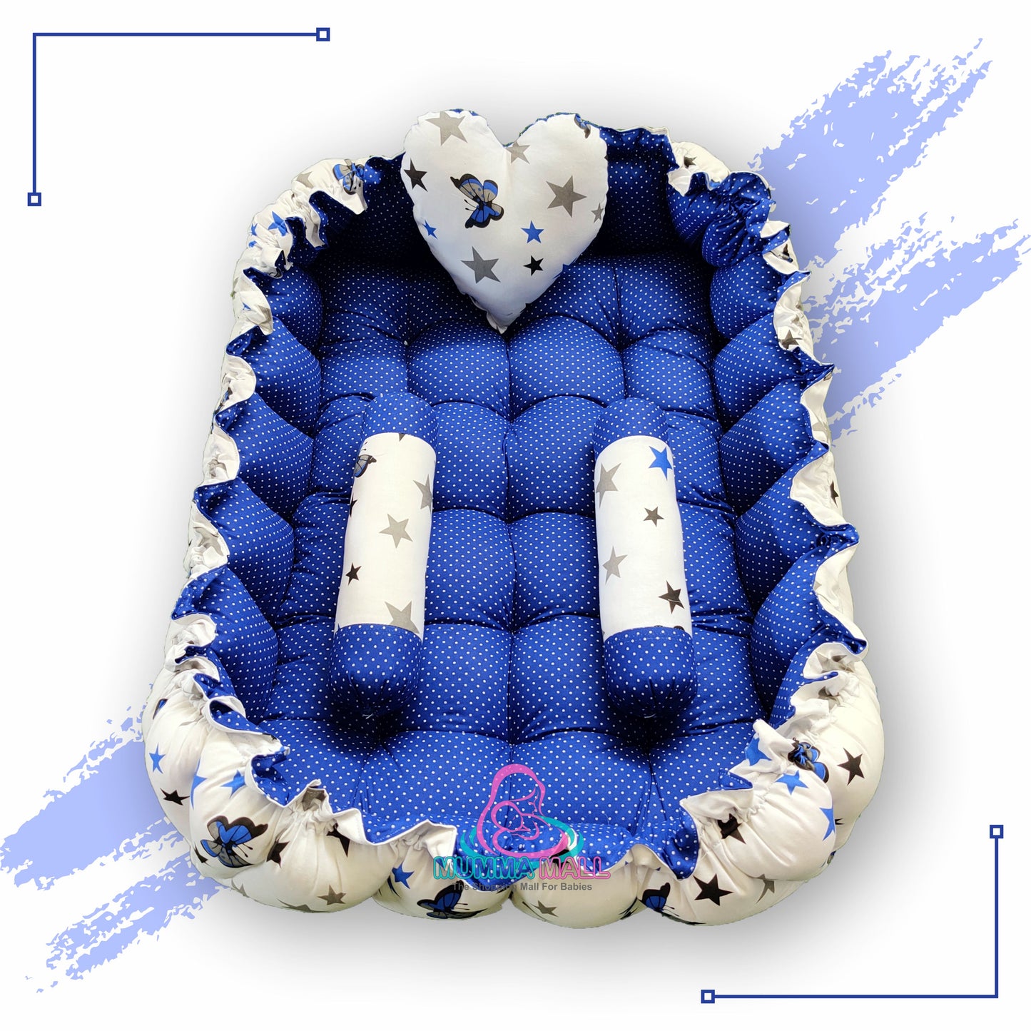 Rectangle baby tub bed with a heart pillow and pair of Bolster (Blue and White)