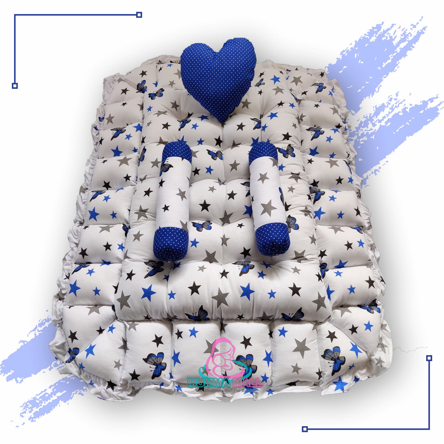 Rectangle baby tub bed with a heart pillow and pair of Bolster (Blue and White)