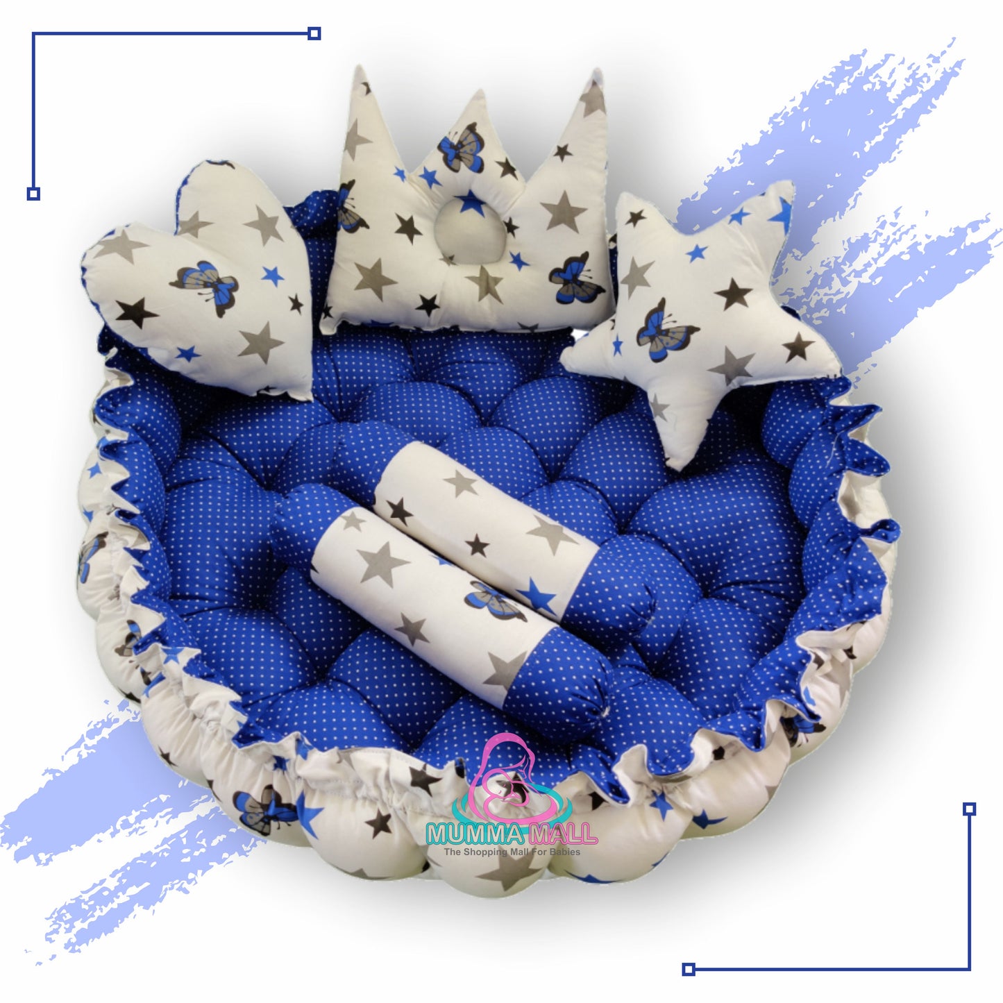 Round baby tub bed with blanket and set of 5 pillows as neck support, side support and toy (Blue and White)