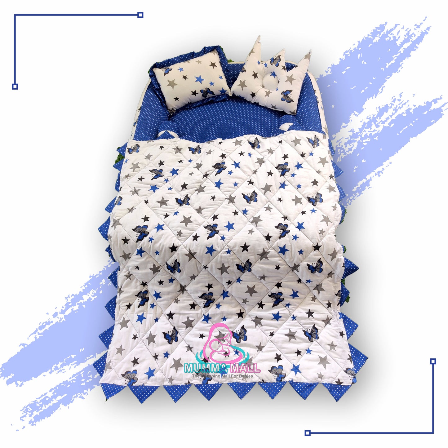 Baby box mattress with blanket and set of 4 pillows as neck support, side support and toy (Blue and White)