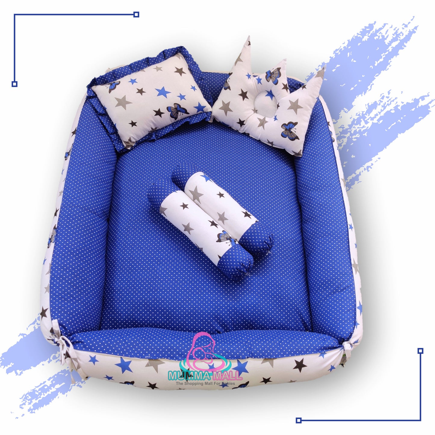 Baby box mattress with blanket and set of 4 pillows as neck support, side support and toy (Blue and White)
