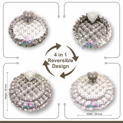Round baby tub bed with a heart pillow (Grey and White)
