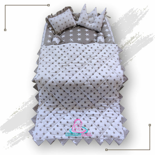Rectangle baby tub bed with blanket and set of 5 pillows as neck support, side support and toy (Grey and White)