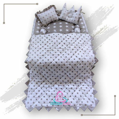 Rectangle baby tub bed with blanket and set of 5 pillows as neck support, side support and toy (Grey and White)