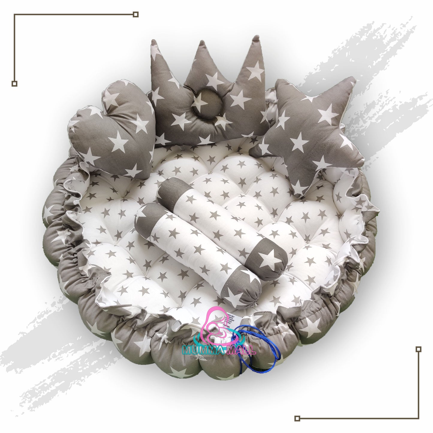 Round baby tub bed with blanket and set of 5 pillows as neck support, side support and toy (Grey and White)