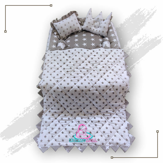 Baby box mattress with blanket and set of 4 pillows as neck support, side support and toy (Grey and White)