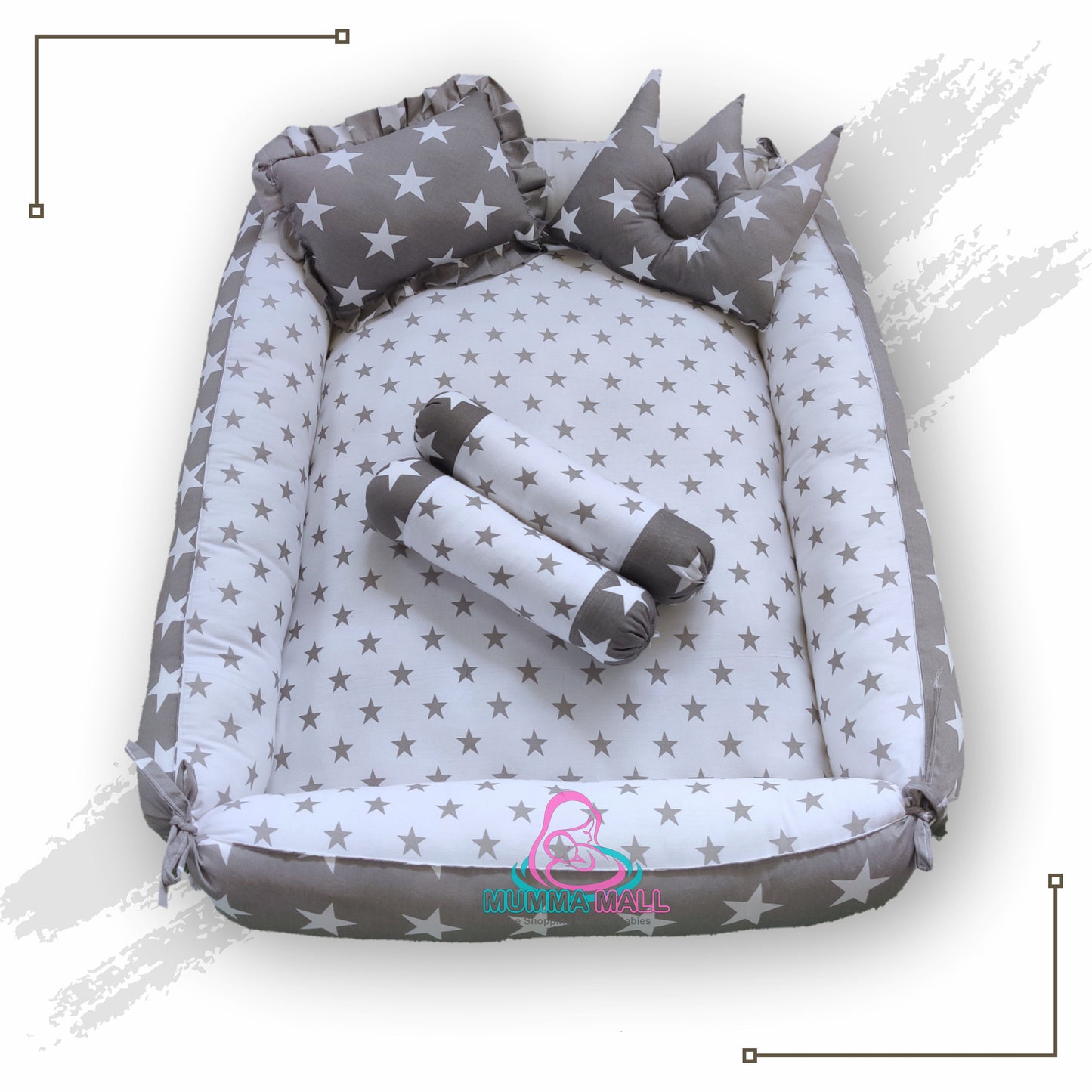 Baby box mattress with blanket and set of 4 pillows as neck support, side support and toy (Grey and White)