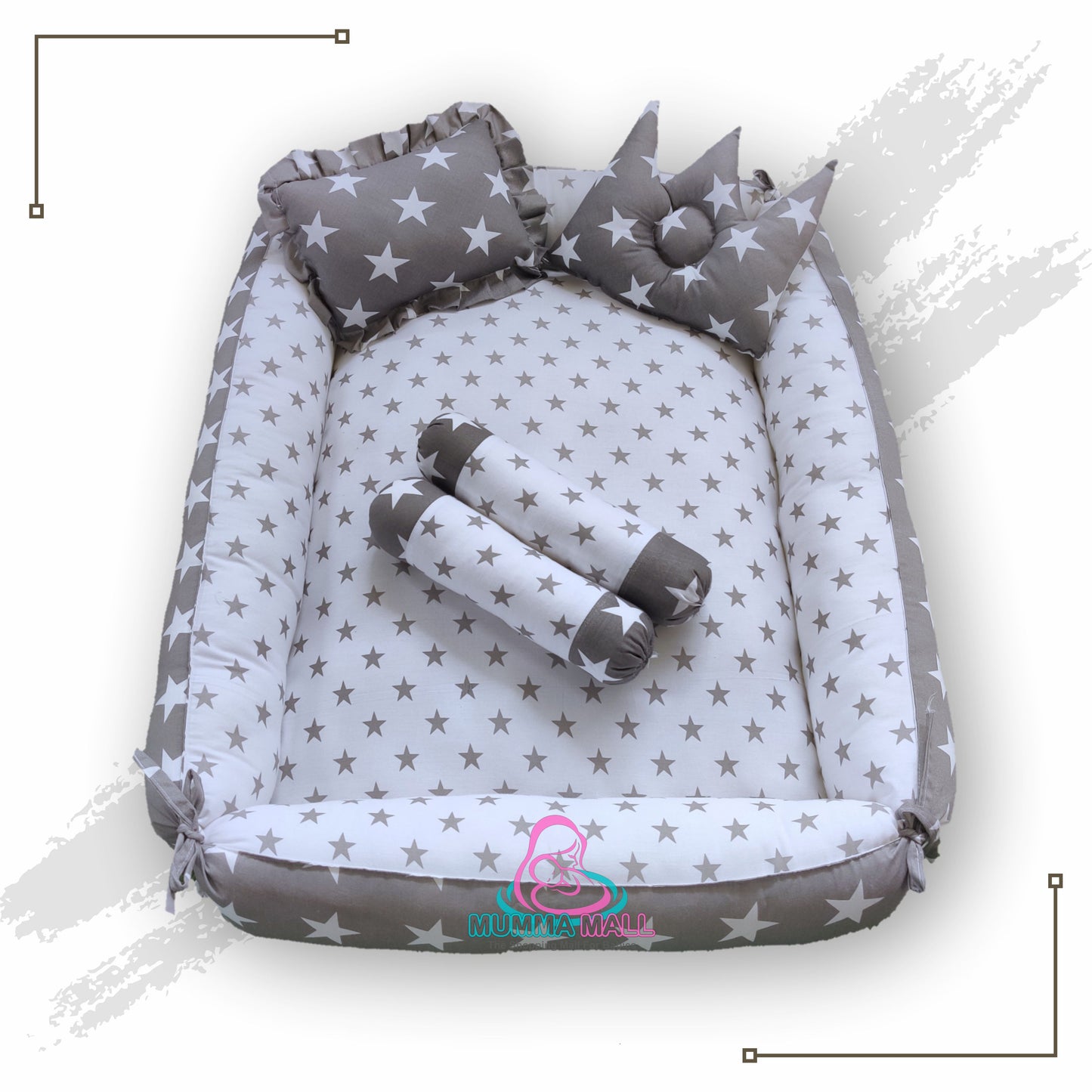 Baby box mattress set with set of 4 pillows as neck support, side support and toy (Grey and White)