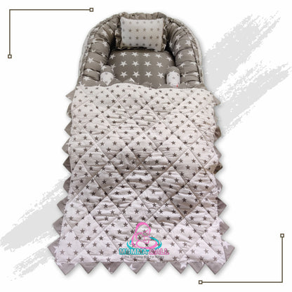 Baby nest bedding with blanket and set of 3 pillows as neck support, side support and toy (Grey and White)