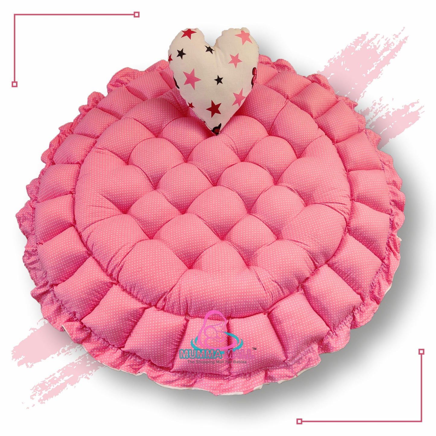 Round baby tub bed with a heart pillow (Pink and White)