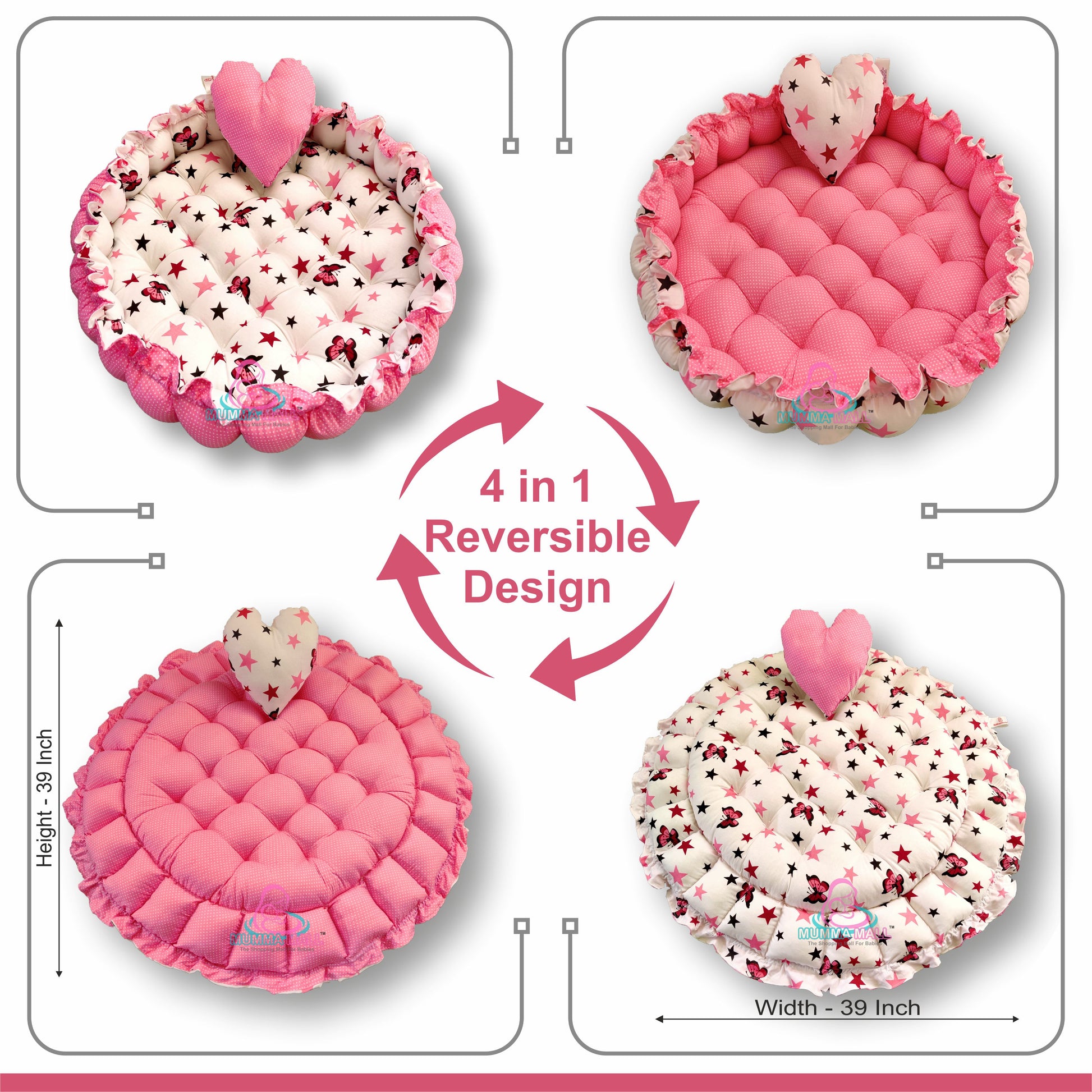 Round baby tub bed with a heart pillow (Pink and White)