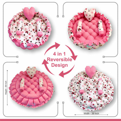 Round baby tub bed with a heart pillow and pair of Bolster (Pink and White)