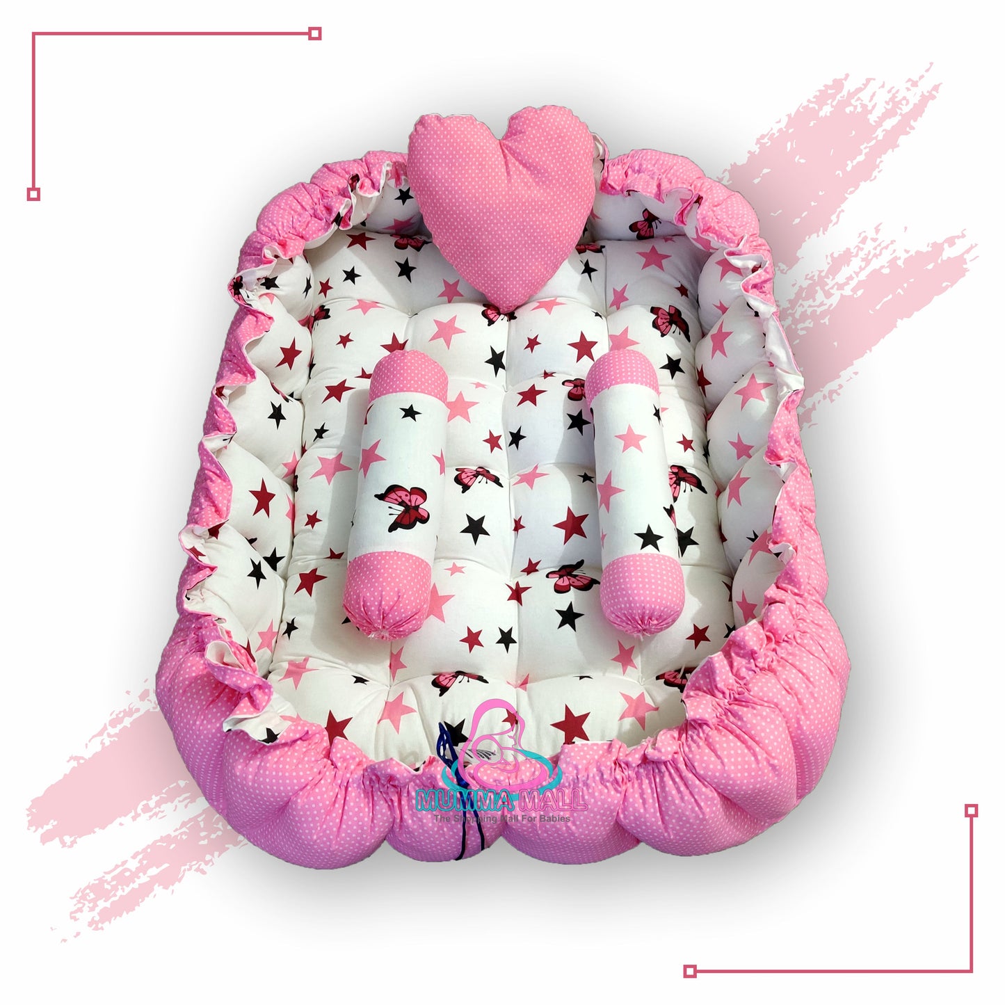 Rectangle baby tub bed with a heart pillow and pair of Bolster (Pink and White)