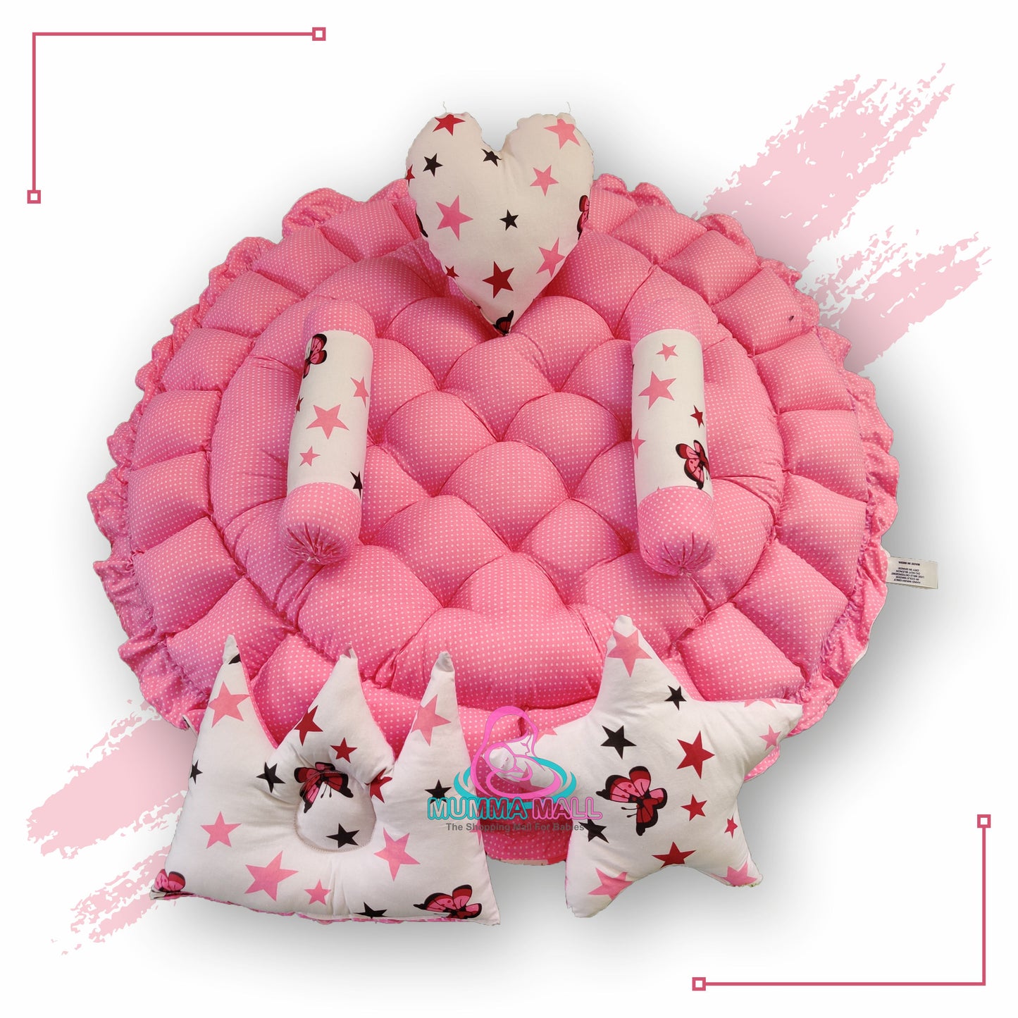 Round baby tub bed with set of 5 pillows as neck support, side support and toy (Pink and White)