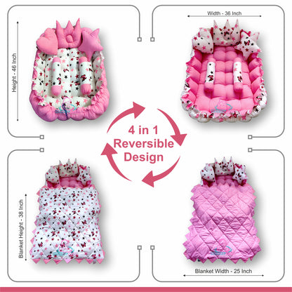 Rectangle baby tub bed with blanket and set of 5 pillows as neck support, side support and toy (Pink and White)