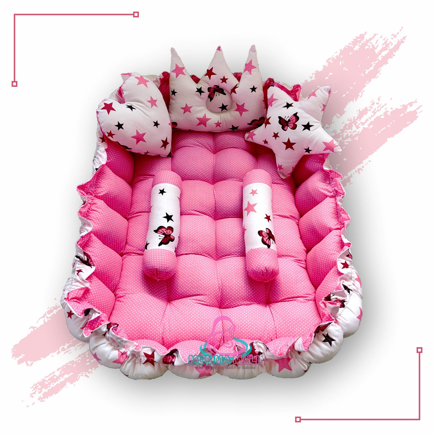 Rectangle baby tub bed with with set of 5 pillows as neck support, side support and toy (Pink and White)