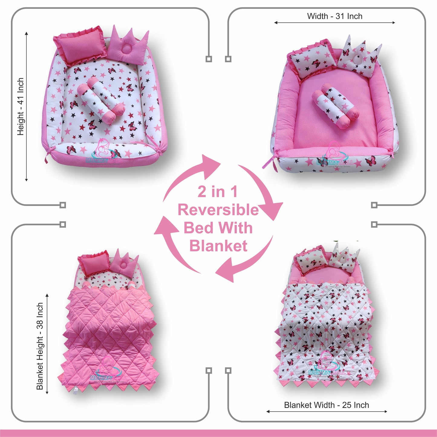 Baby box mattress with blanket and set of 4 pillows as neck support, side support and toy (Pink and White)