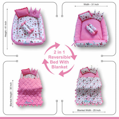 Baby box mattress with blanket and set of 4 pillows as neck support, side support and toy (Pink and White)