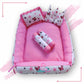 Baby box mattress set with set of 4 pillows as neck support, side support and toy (Pink and White)