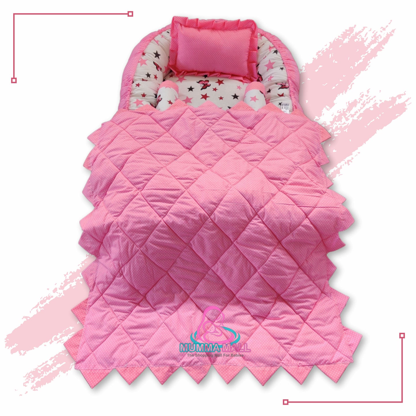 Baby nest bedding with blanket and set of 3 pillows as neck support, side support and toy (Pink and White)