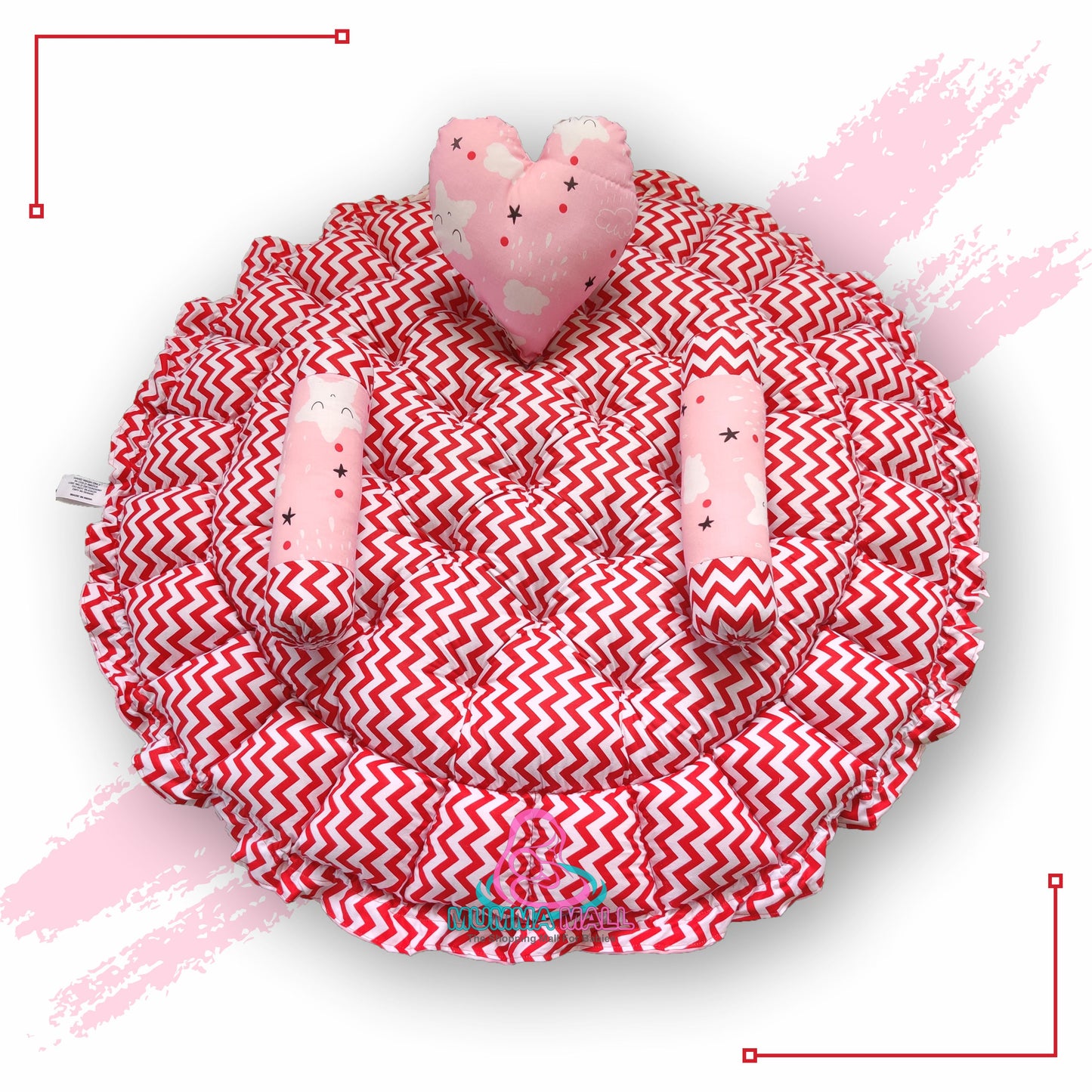 Round baby tub bed with a heart pillow and pair of Bolster (Pink and Red)
