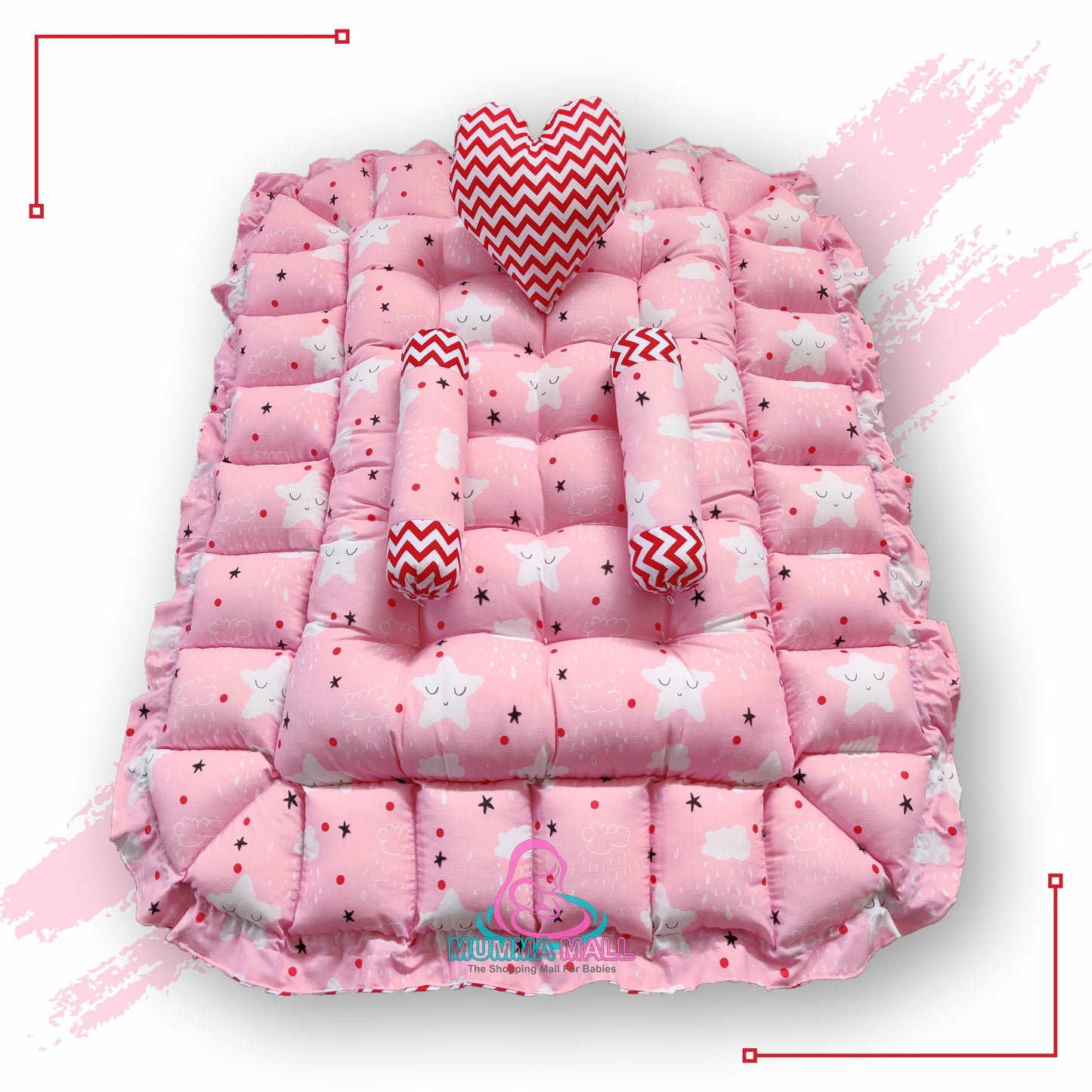 Rectangle baby tub bed with a heart pillow and pair of Bolster (Pink and Red)