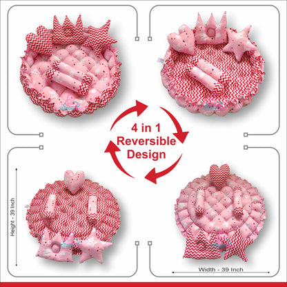 Round baby tub bed with set of 5 pillows as neck support, side support and toy (Pink and Red)