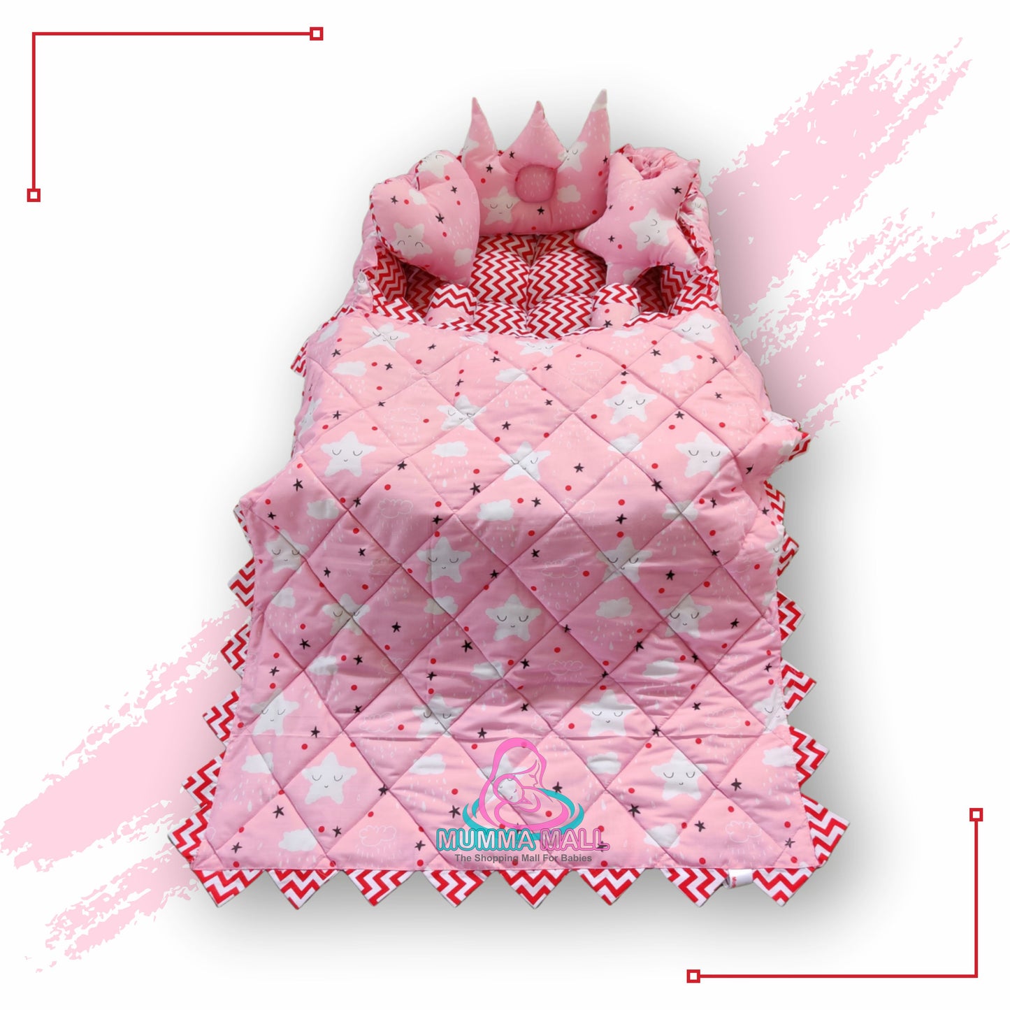 Rectangle baby tub bed with blanket and set of 5 pillows as neck support, side support and toy (Pink and Red)