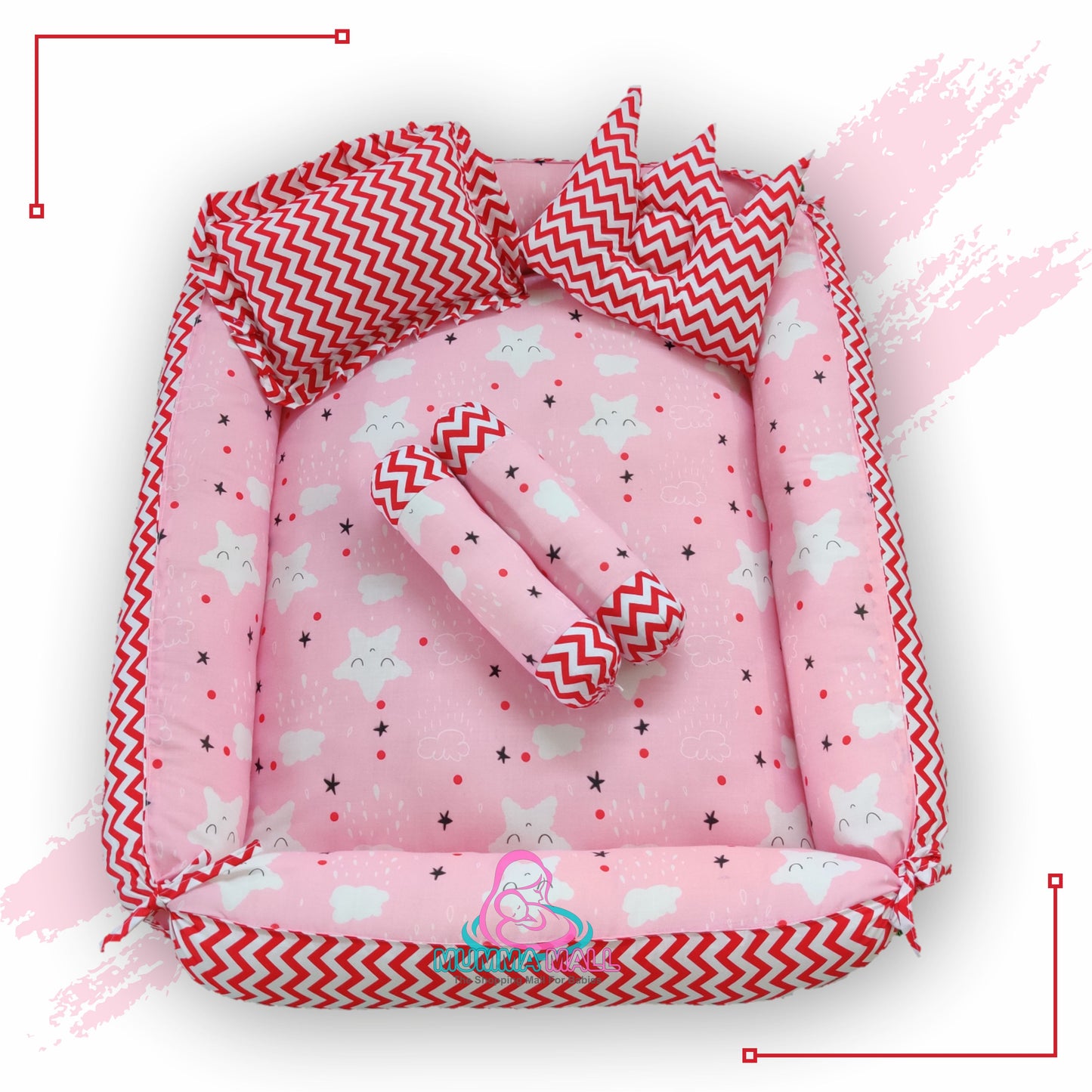 Baby box mattress with blanket and set of 4 pillows as neck support, side support and toy (Pink and Red)