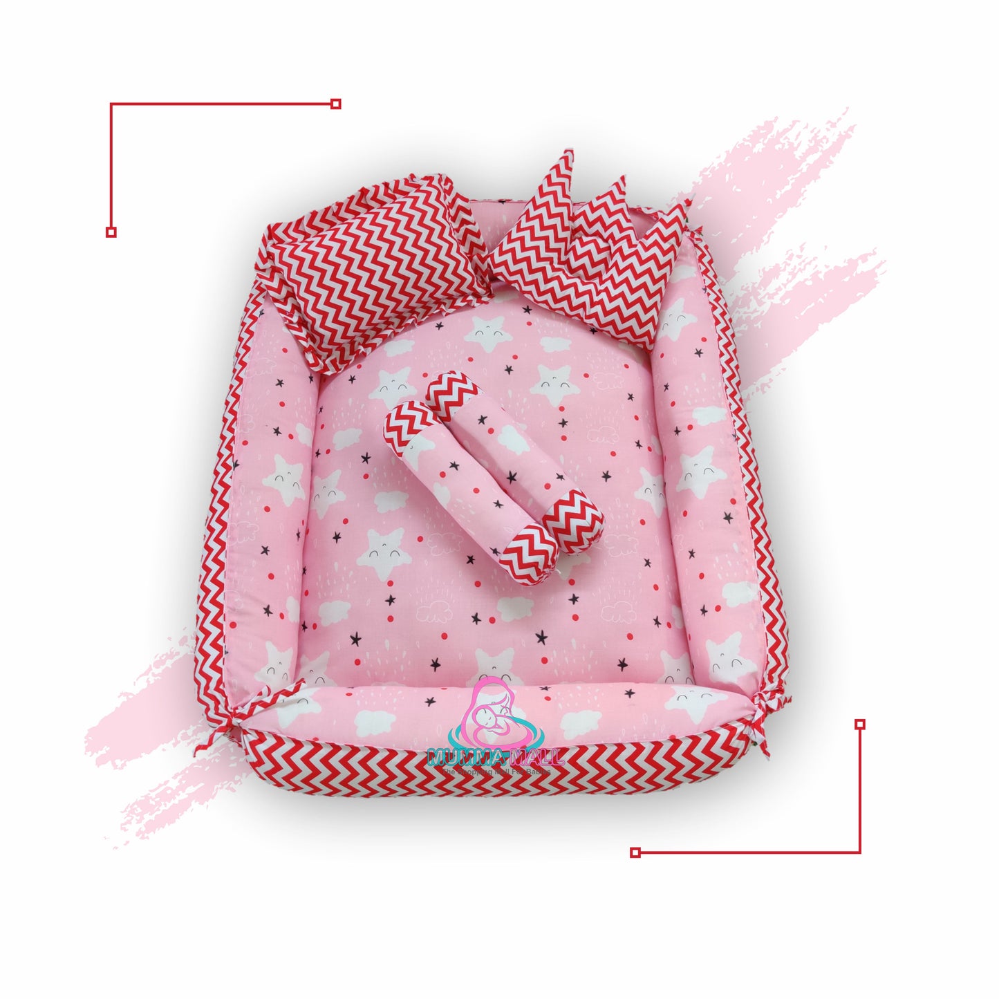 Baby box mattress set with set of 4 pillows as neck support, side support and toy (Pink and Red)