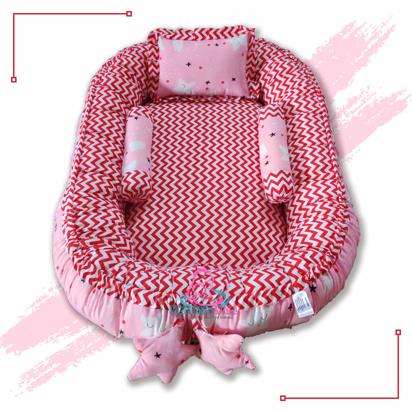 Baby nest bedding with blanket and set of 3 pillows as neck support, side support and toy (Pink and Red)