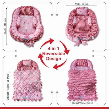 Baby nest bedding with blanket and set of 3 pillows as neck support, side support and toy (Pink and Red)