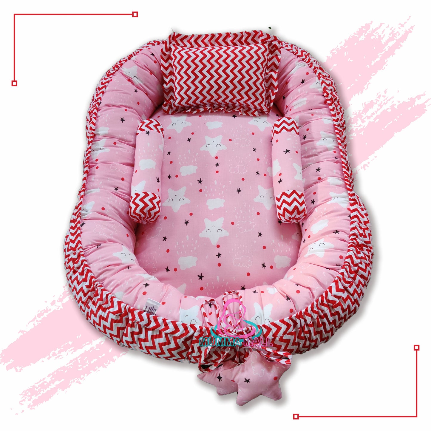 Baby nest bedding set with set of 3 pillows as neck support, side support and toy (Pink and Red)