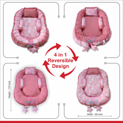 Baby nest bedding set with set of 3 pillows as neck support, side support and toy (Pink and Red)