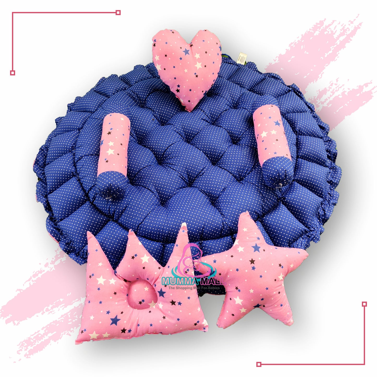 Round baby tub bed with set of 5 pillows as neck support, side support and toy (Pink and Blue)