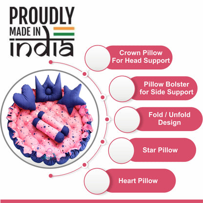 Round baby tub bed with blanket and set of 5 pillows as neck support, side support and toy (Pink and Blue)