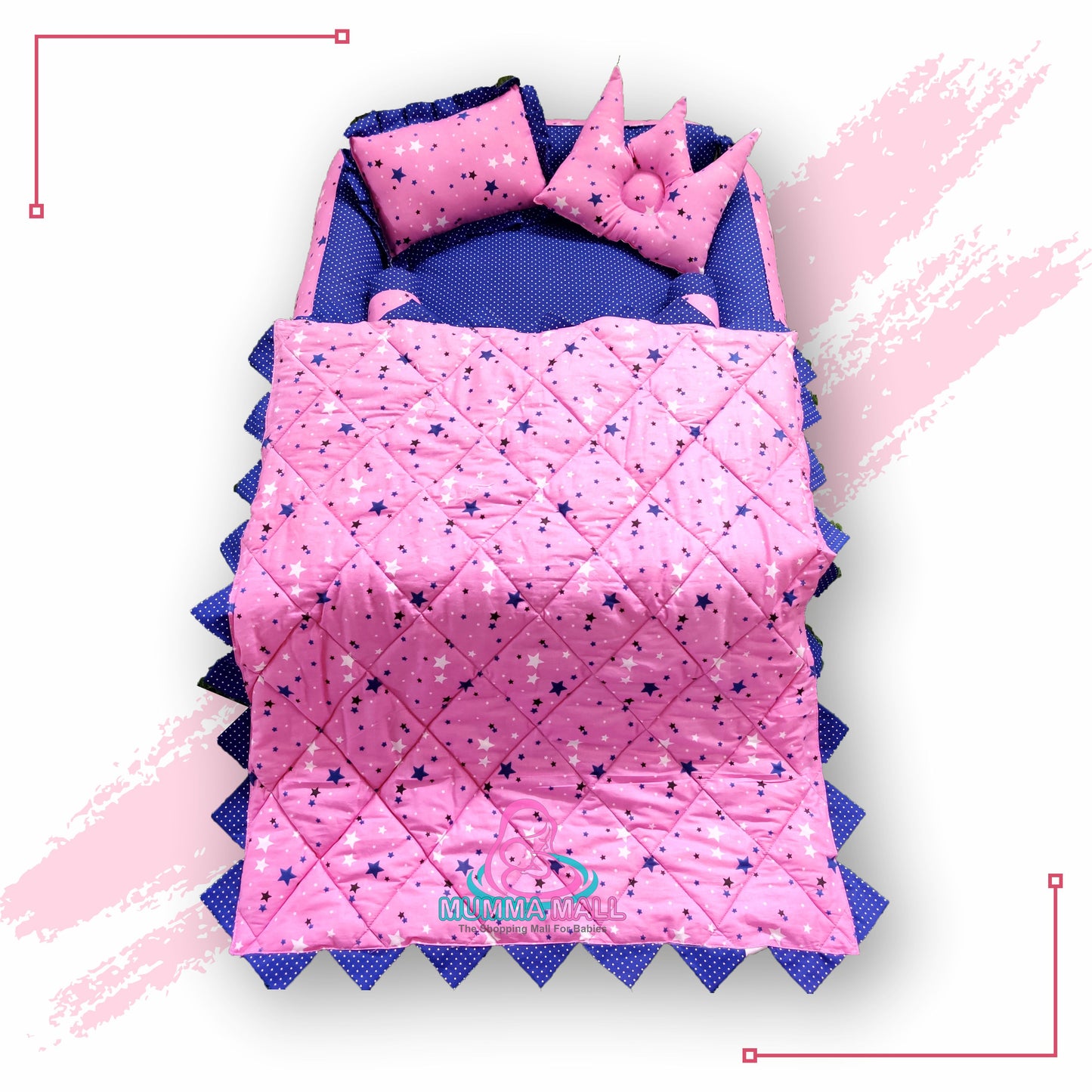 Baby box mattress with blanket and set of 4 pillows as neck support, side support and toy (Pink and Blue)