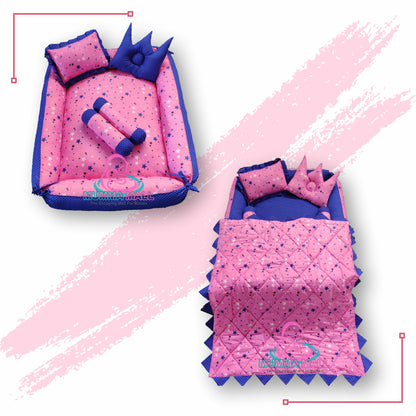Baby box mattress with blanket and set of 4 pillows as neck support, side support and toy (Pink and Blue)
