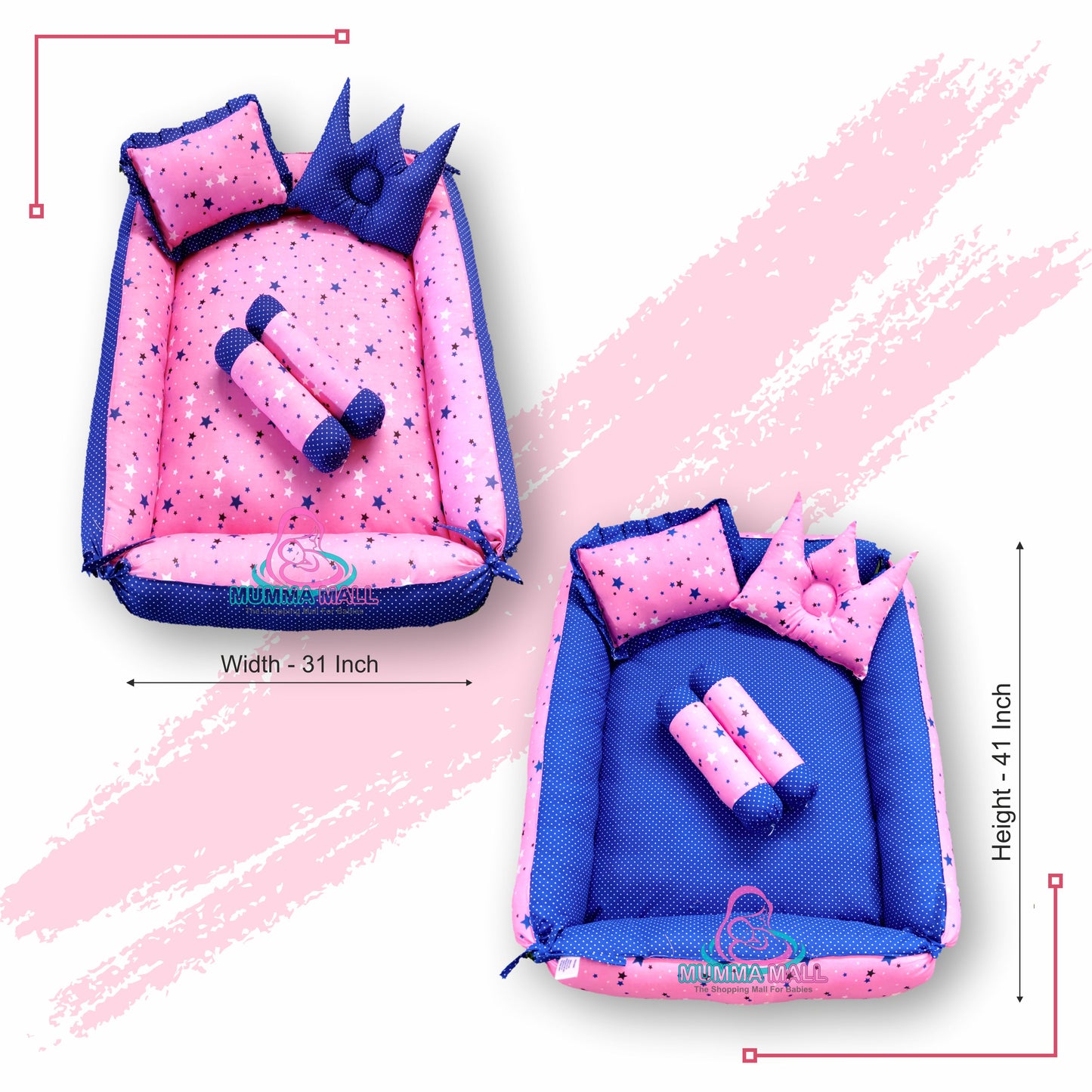 Baby box mattress set with set of 4 pillows as neck support, side support and toy (Pink and Blue)