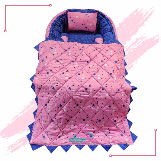 Baby nest bedding with blanket and set of 3 pillows as neck support, side support and toy (Pink and Blue)