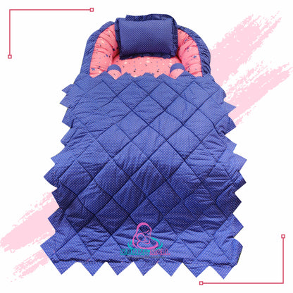 Baby nest bedding with blanket and set of 3 pillows as neck support, side support and toy (Pink and Blue)