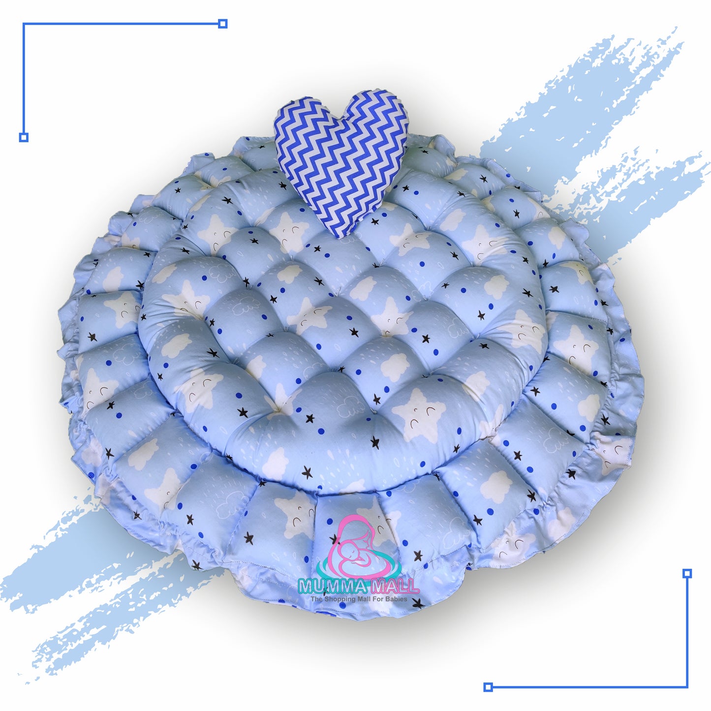 Round baby tub bed with a heart pillow (Sky and Blue)