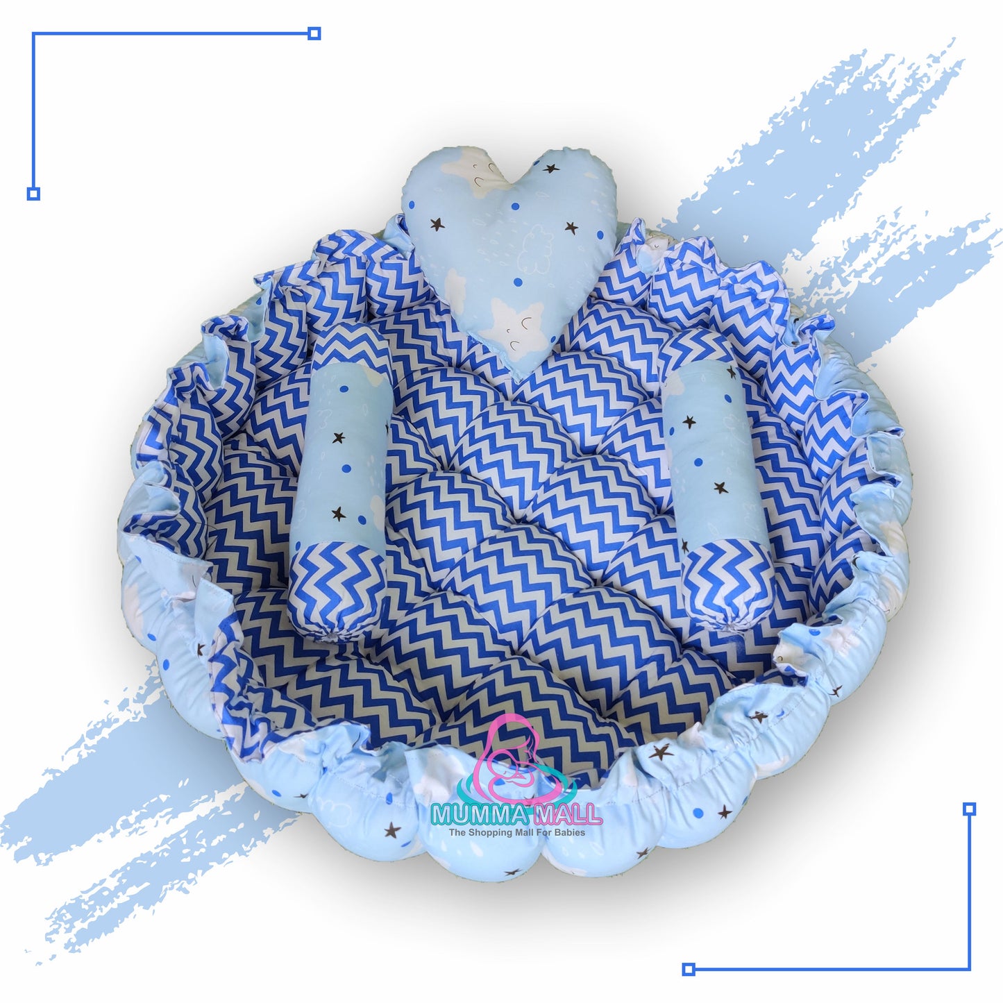 Round baby tub bed with a heart pillow and pair of Bolster (Sky and Blue)