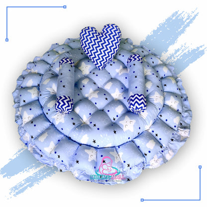 Round baby tub bed with a heart pillow and pair of Bolster (Sky and Blue)