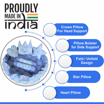 Round baby tub bed with set of 5 pillows as neck support, side support and toy (Sky and Blue)