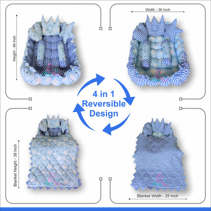 Rectangle baby tub bed with blanket and set of 5 pillows as neck support, side support and toy (Sky and Blue)